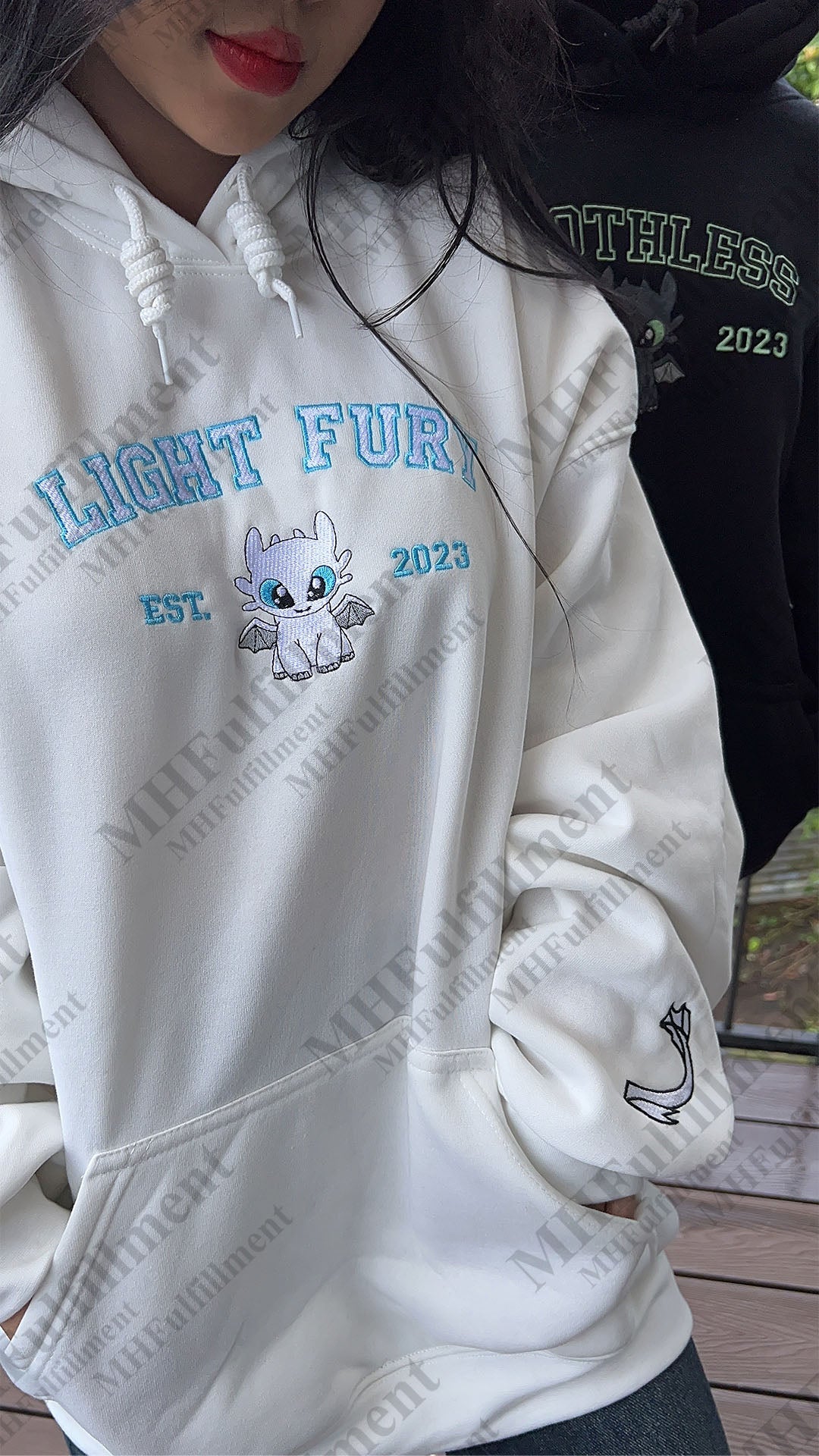 Toothless and Light Fury Couple Embroidered Sweatshirt, Cute Dragon Shirt Hoodie, HTTYD Gift for Friends or Family, Fantasy Movie Shirt