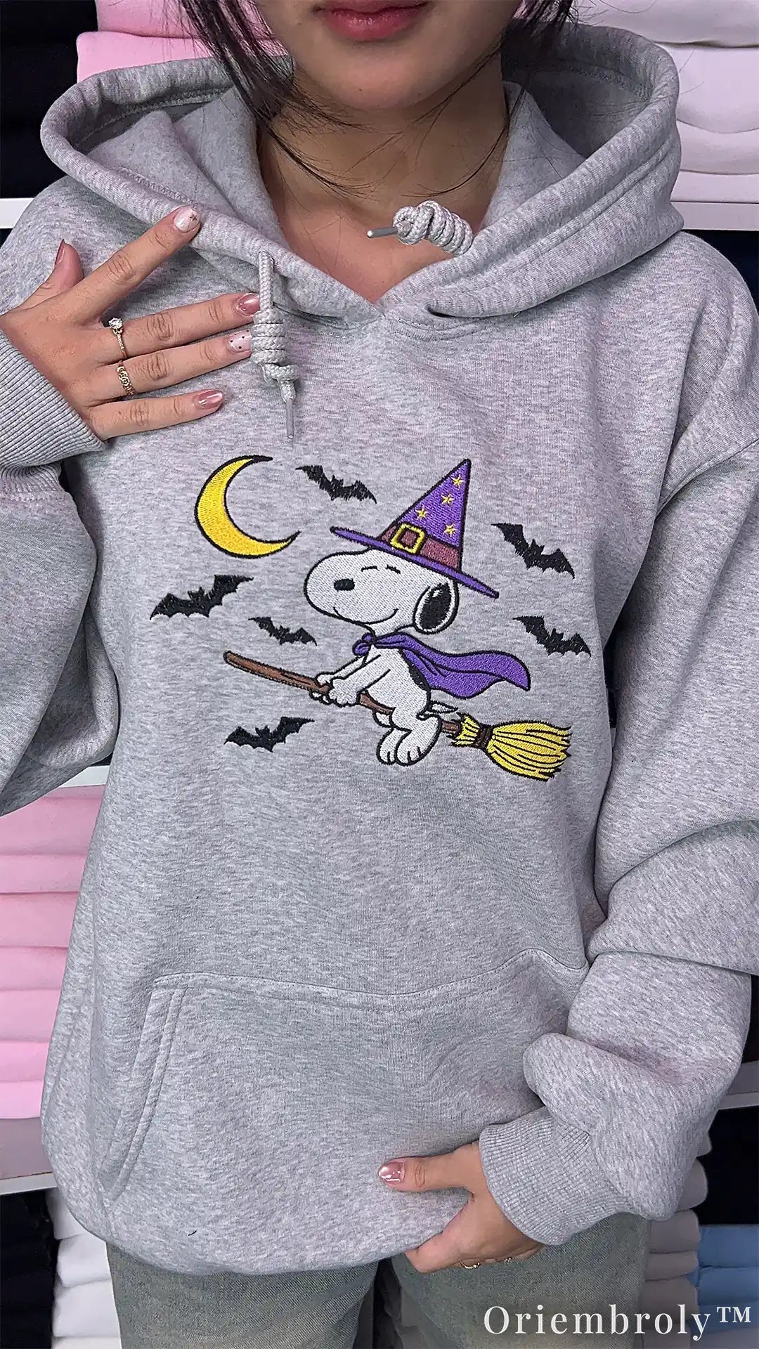 Vintage Halloween Embroidered Hoodie – Witch Puppy Moon & Bats Crewneck