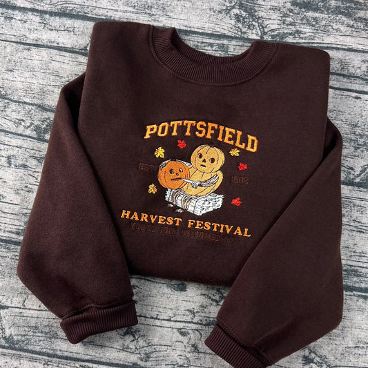 Pottsfield Harvest Festival Embroidered Shirt, Over The Garden Wall Halloween Tee, Spooky Fall Pumpkin Skeleton Sweatshirt, Autumn Festival Hoodie