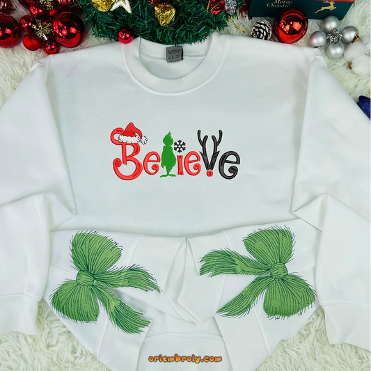Christmas Believe embroidered sweatshirt with side bow, Merry Xmas Embroidery Pullover, Happy Winter Season Gift