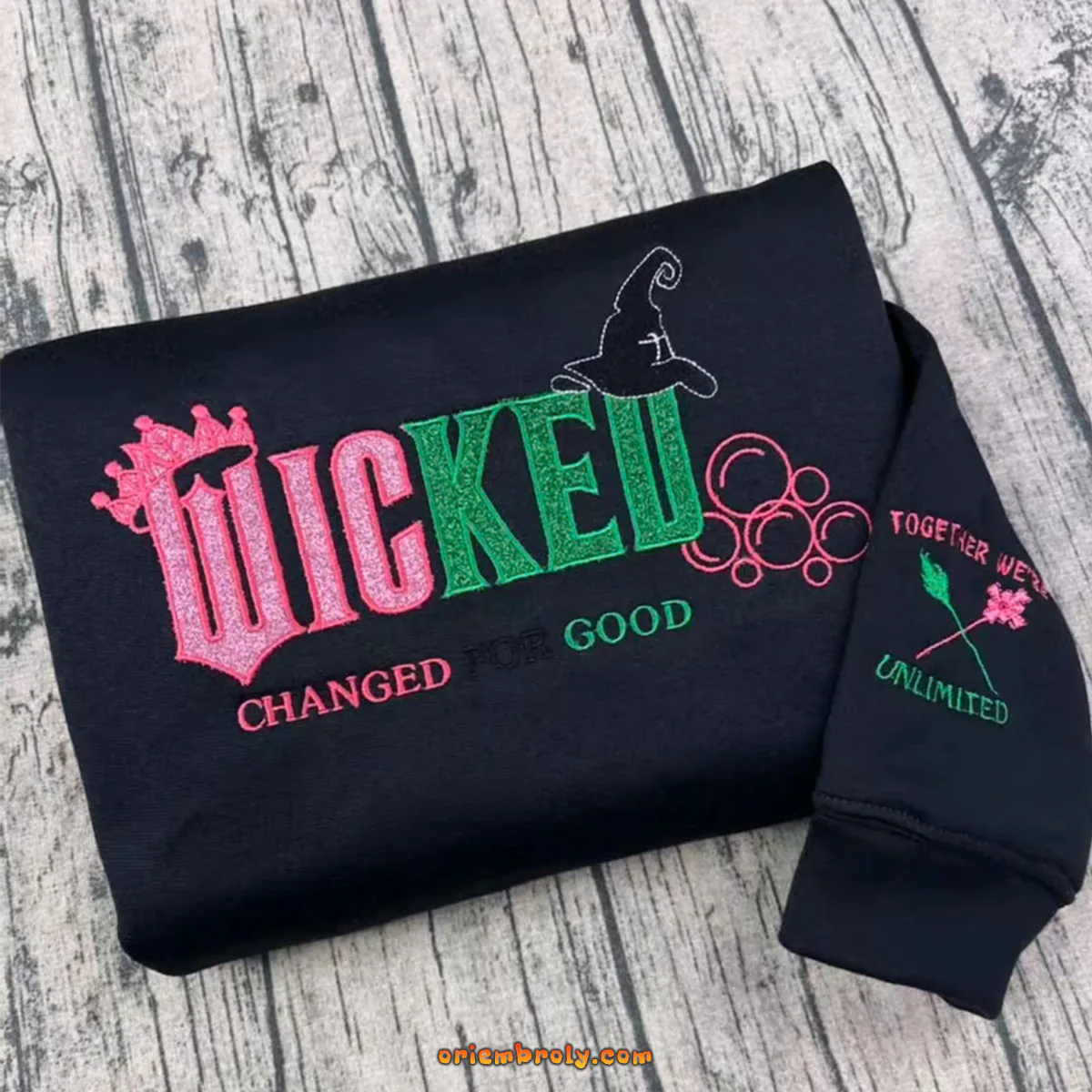 Wicked Changed For Good Embroidered Sweatshirt – Pink & Green Musical Hoodie, Elphaba and Glinda Halloween Gift