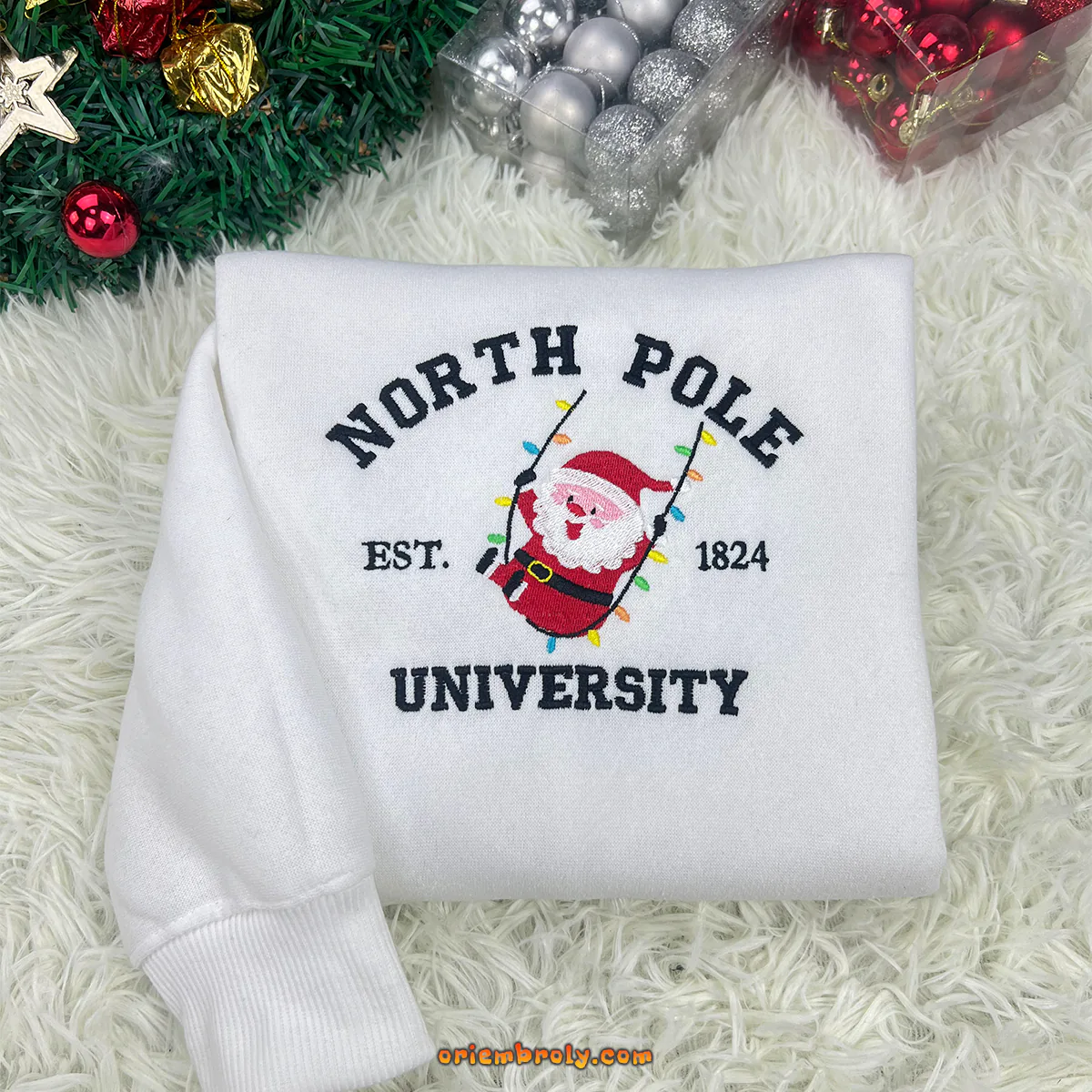 North Pole Side Bow Embroidered Sweatshirt, Santa Xmas Hoodie, Merry Christmas Embroidery, Winter Holiday Sweatshirt