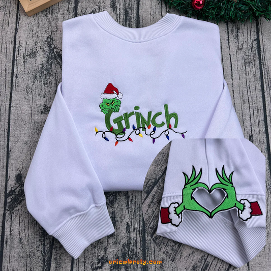 Grinch Side Bow Embroidered Sweatshirt, Grinch Christmas Hoodie, Merry Xmas Embroidery Pullover, Happy Winter Season Gift