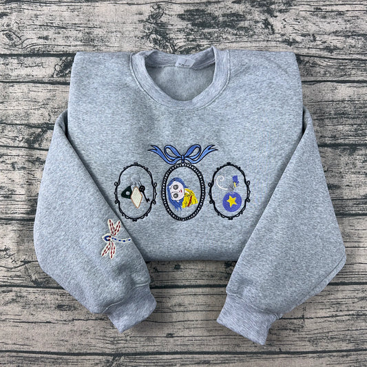 Coraline Embroidered Sweatshirt – Fantasy Keys, Coraline Doll, Cat & Dragonfly Embroidery, Spooky Cute Movie Merch Crewneck