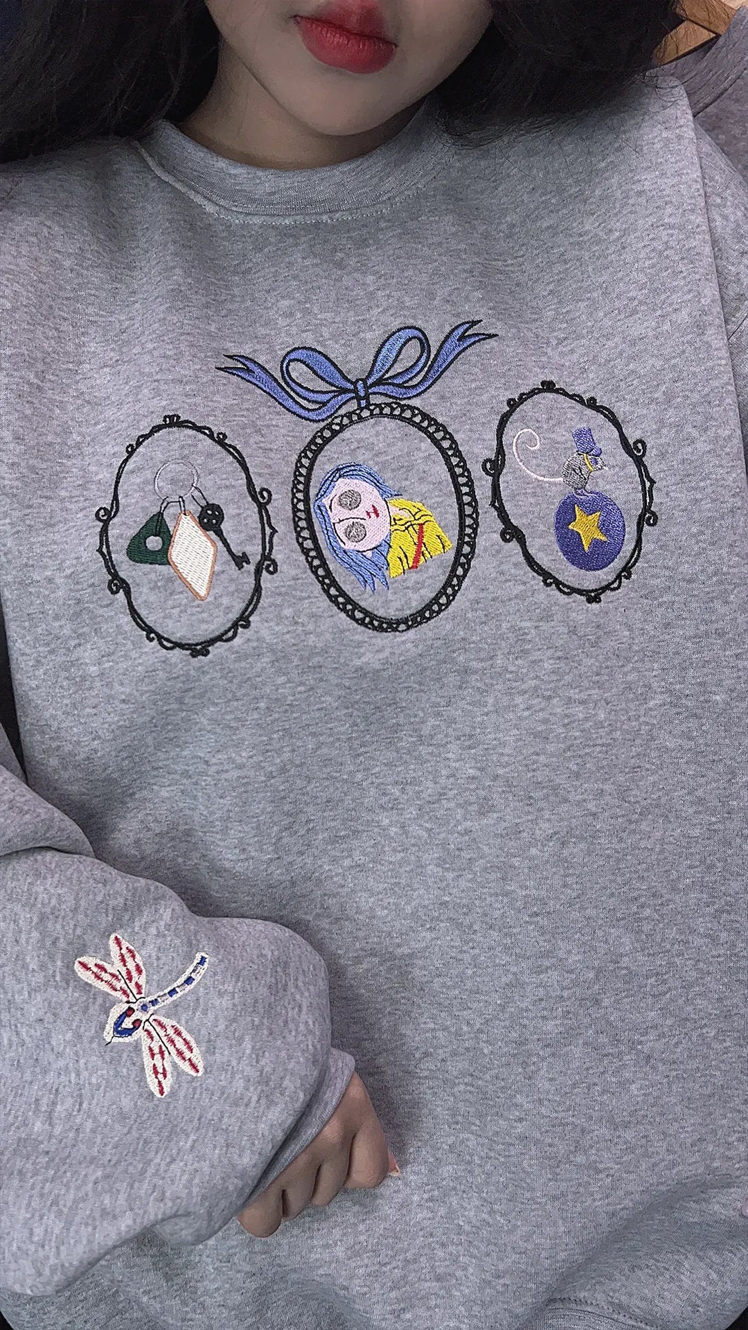 Coraline Embroidered Sweatshirt – Fantasy Keys, Coraline Doll, Cat & Dragonfly Embroidery, Spooky Cute Movie Merch Crewneck