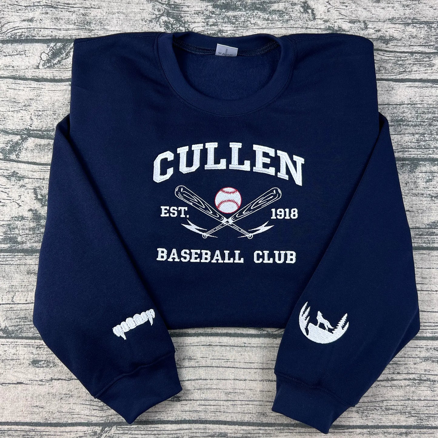 Cullen Baseball Embroidered Sweatshirt | Twilight Inspired Vampire Sweatshirt | Team Edward, Team Jacob | Vampire Fang Sleeve Detail