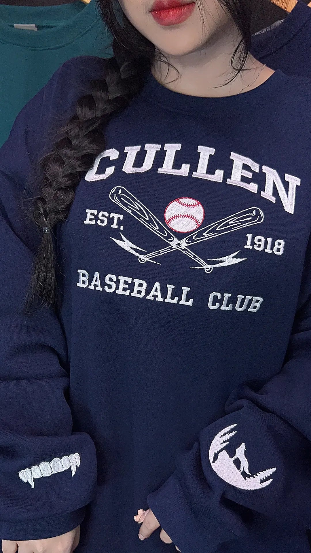 Cullen Baseball Embroidered Sweatshirt | Twilight Inspired Vampire Sweatshirt | Team Edward, Team Jacob | Vampire Fang Sleeve Detail