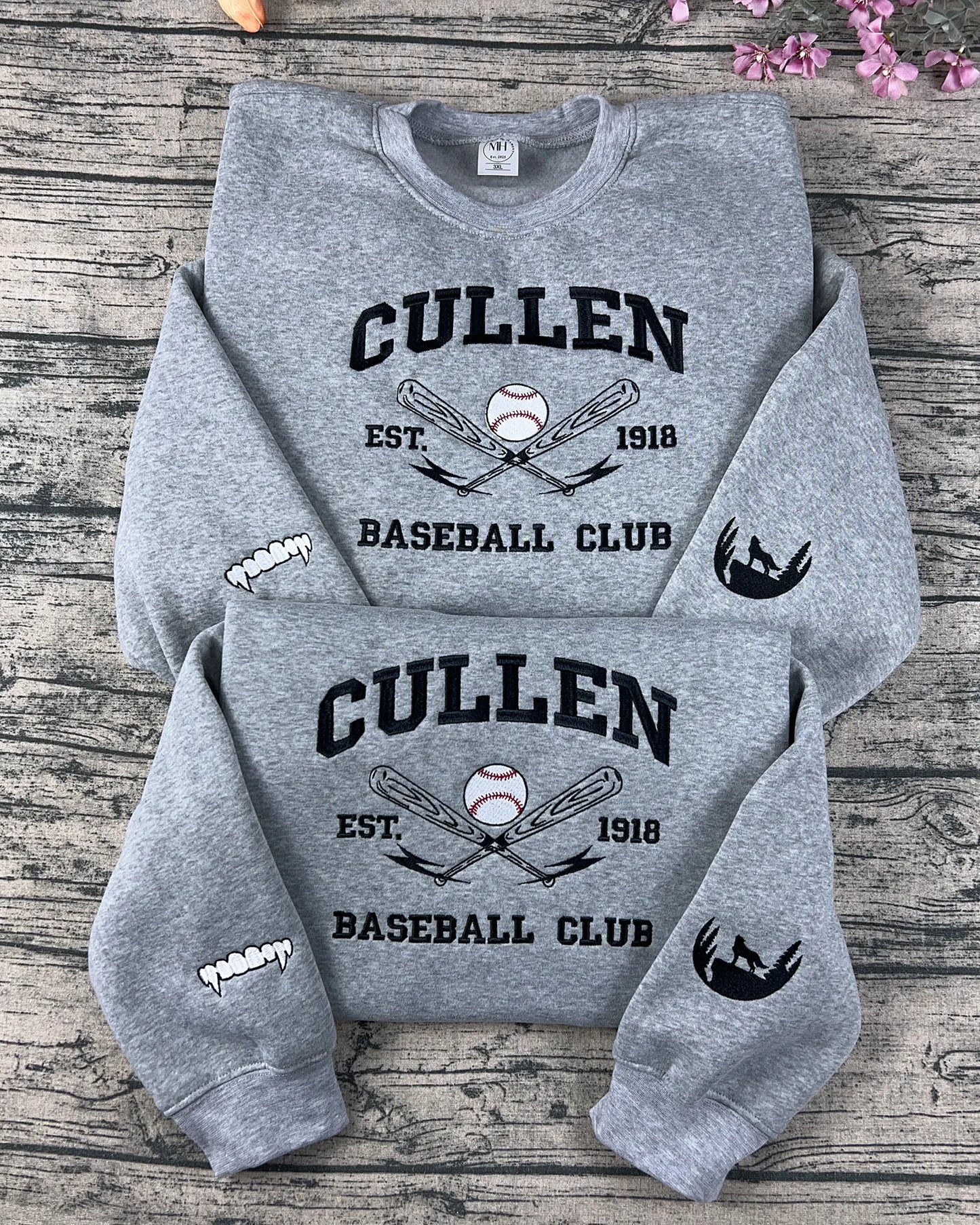 Cullen Baseball Embroidered Sweatshirt | Twilight Inspired Vampire Sweatshirt | Team Edward, Team Jacob | Vampire Fang Sleeve Detail