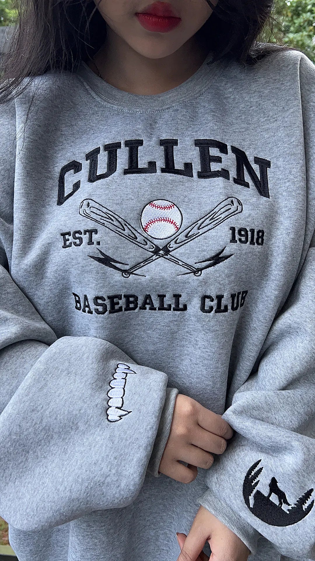 Cullen Baseball Embroidered Sweatshirt | Twilight Inspired Vampire Sweatshirt | Team Edward, Team Jacob | Vampire Fang Sleeve Detail