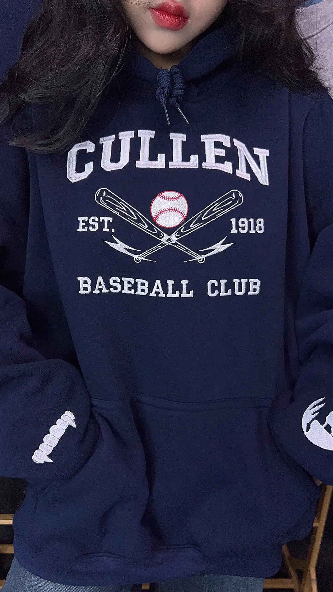 Cullen Baseball Embroidered Sweatshirt | Twilight Inspired Vampire Sweatshirt | Team Edward, Team Jacob | Vampire Fang Sleeve Detail