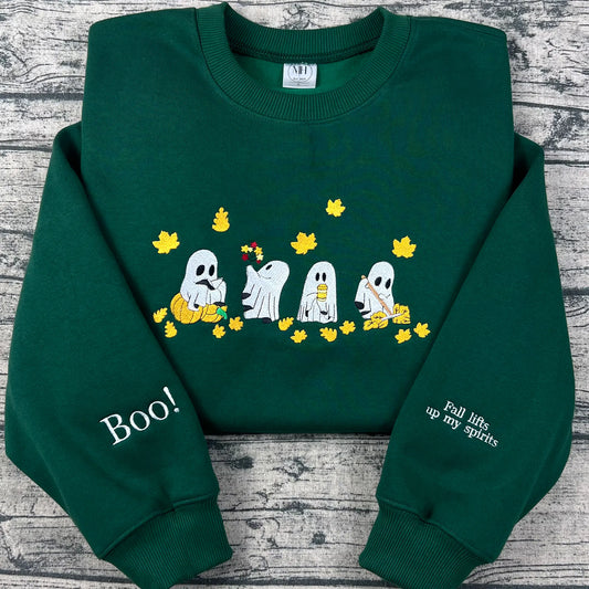 Summerween Ghost Embroidered Sweatshirt – Custom Halloween Spooky Leaves Shirt, Fall Autumn Vibes Sweater