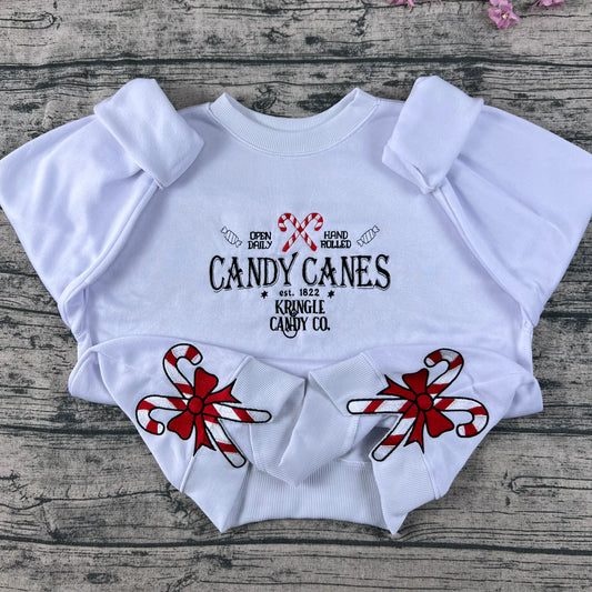 Candy Cane Embroidered Christmas Sweatshirt β Holiday Kringle Candy Co. Vintage Crewneck, Festive Holiday Sweater Gift