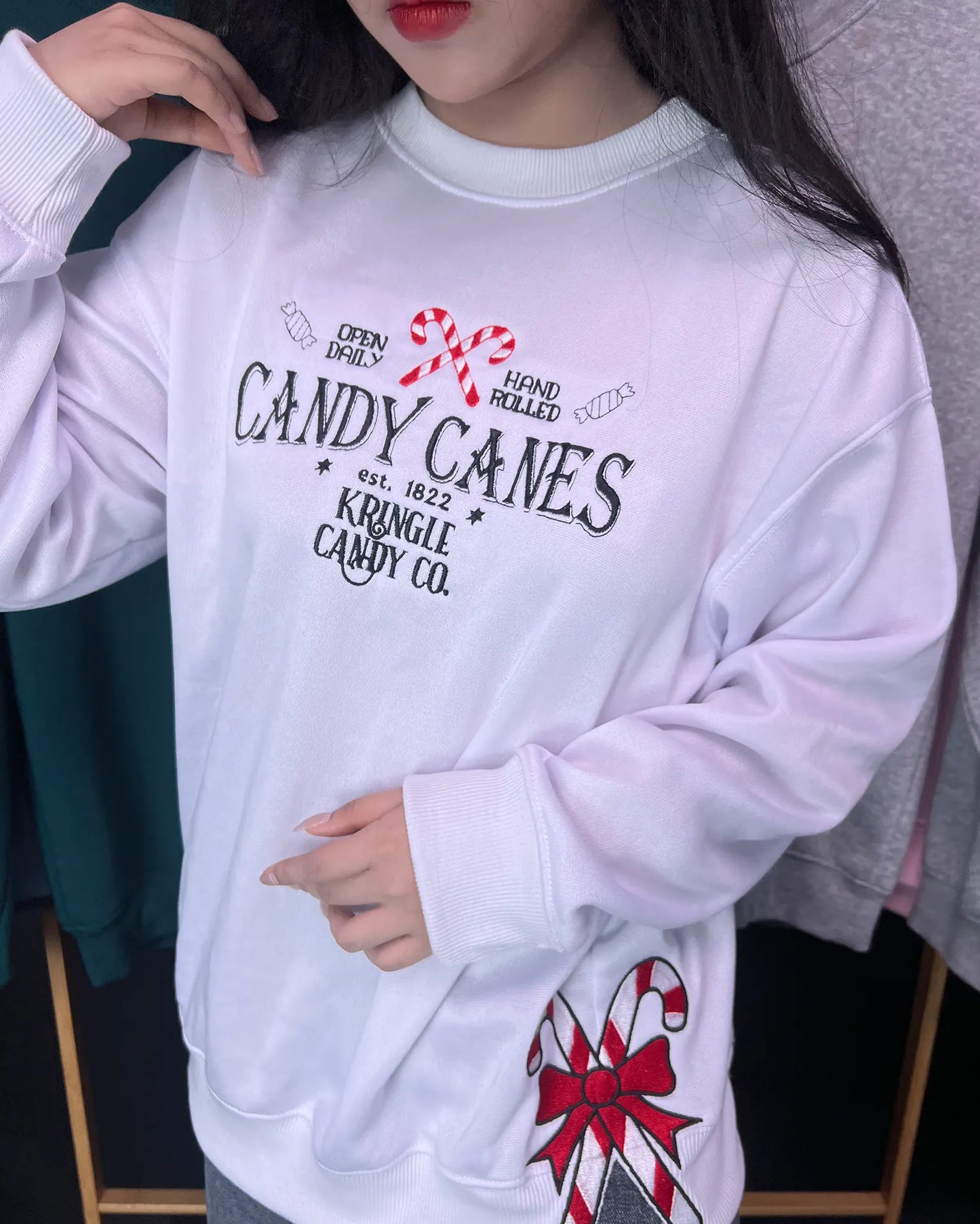 Candy Cane Embroidered Christmas Sweatshirt – Holiday Kringle Candy Co. Vintage Crewneck, Festive Holiday Sweater Gift