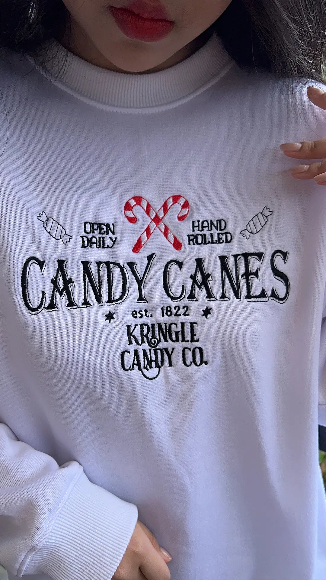 Candy Cane Embroidered Christmas Sweatshirt – Holiday Kringle Candy Co. Vintage Crewneck, Festive Holiday Sweater Gift