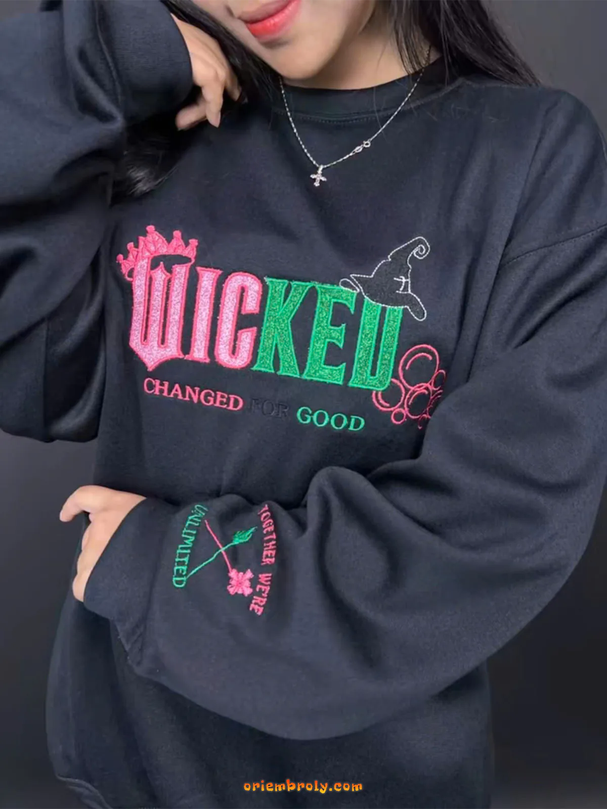 Wicked Changed For Good Embroidered Sweatshirt – Pink & Green Musical Hoodie, Elphaba and Glinda Halloween Gift