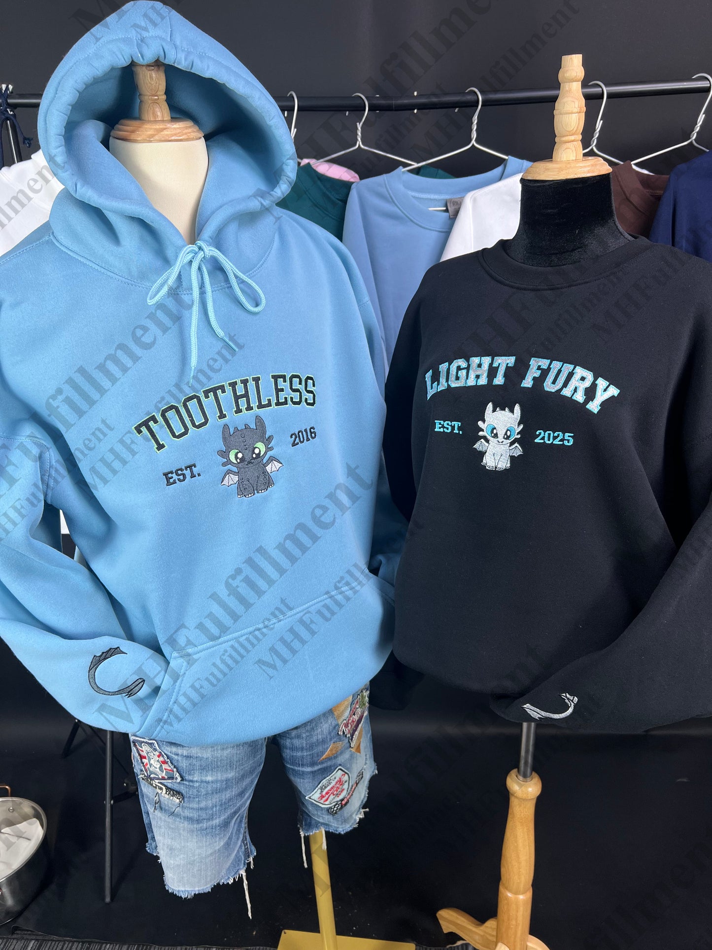 Toothless and Light Fury Couple Embroidered Sweatshirt, Cute Dragon Shirt Hoodie, HTTYD Gift for Friends or Family, Fantasy Movie Shirt