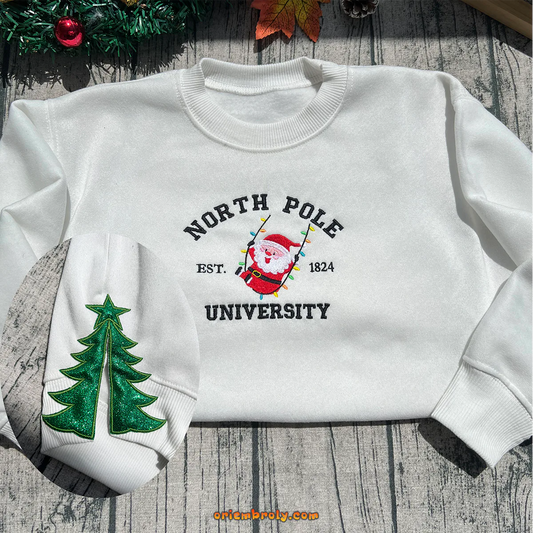 North Pole Side Bow Embroidered Sweatshirt, Santa Xmas Hoodie, Merry Christmas Embroidery, Winter Holiday Sweatshirt