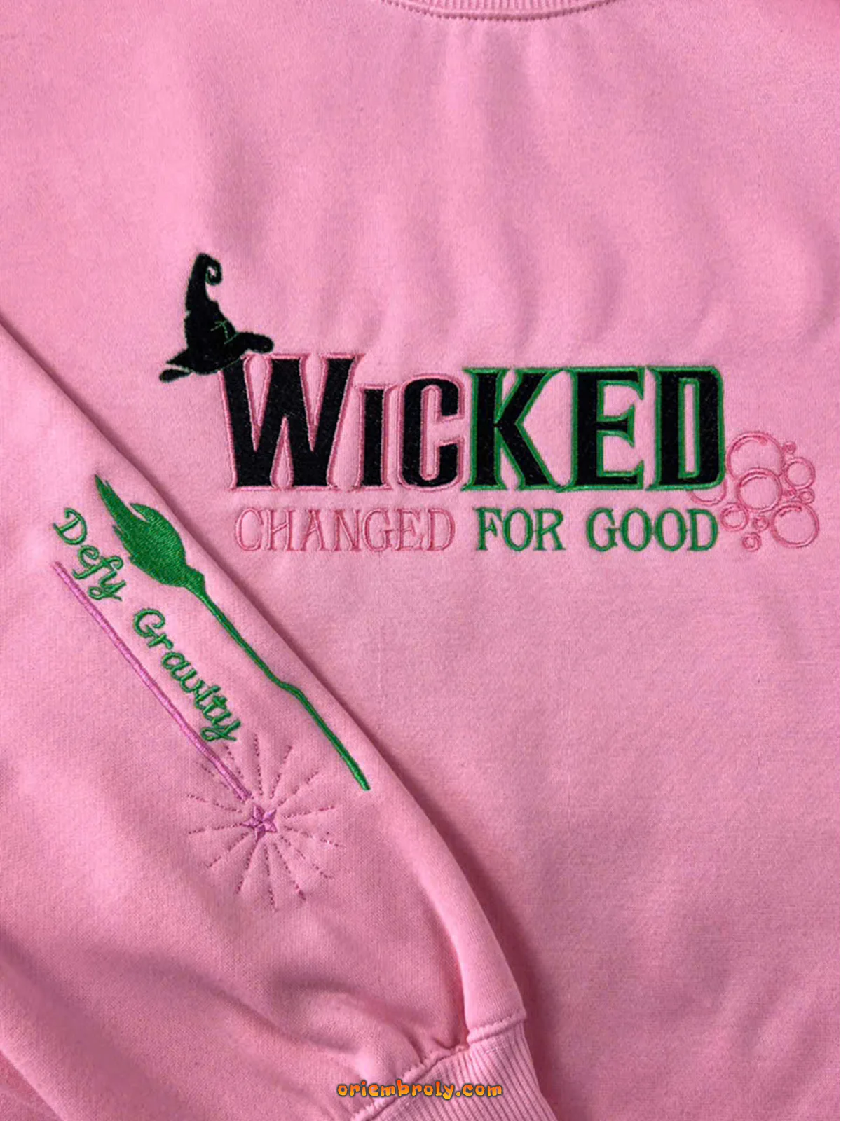 Wicked Duo Embroidered Sweatshirt – Elphaba or Glinda Design, Initial Sleeve Embroidery, Broadway Fan Gift