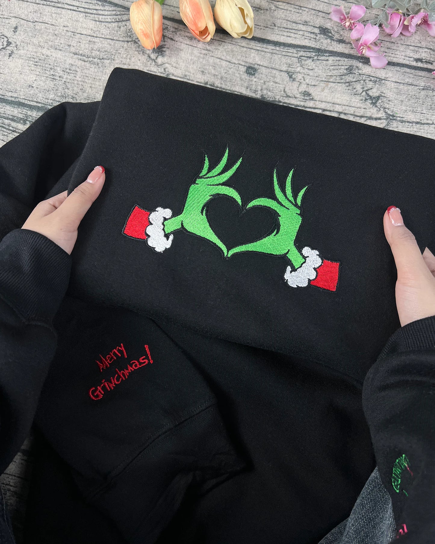 Merry Grinchmas Heart Hands Embroidered Sweatshirt