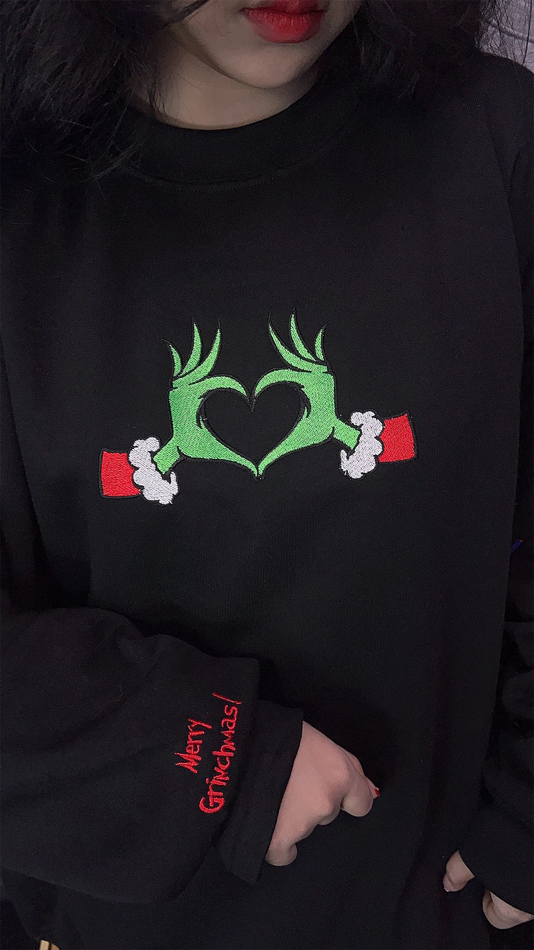 Merry Grinchmas Heart Hands Embroidered Sweatshirt