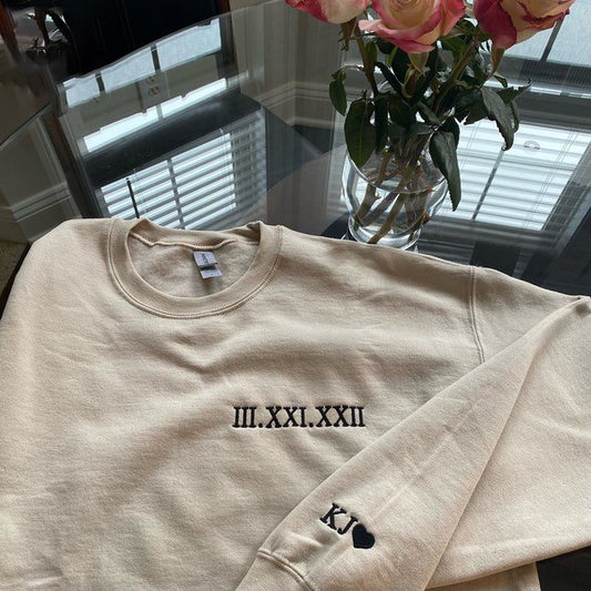 Custom Embroidered Roman Numeral Hoodie, Couples Gift, Personalized Date and Initial Hoodie - Oriembroly LLC