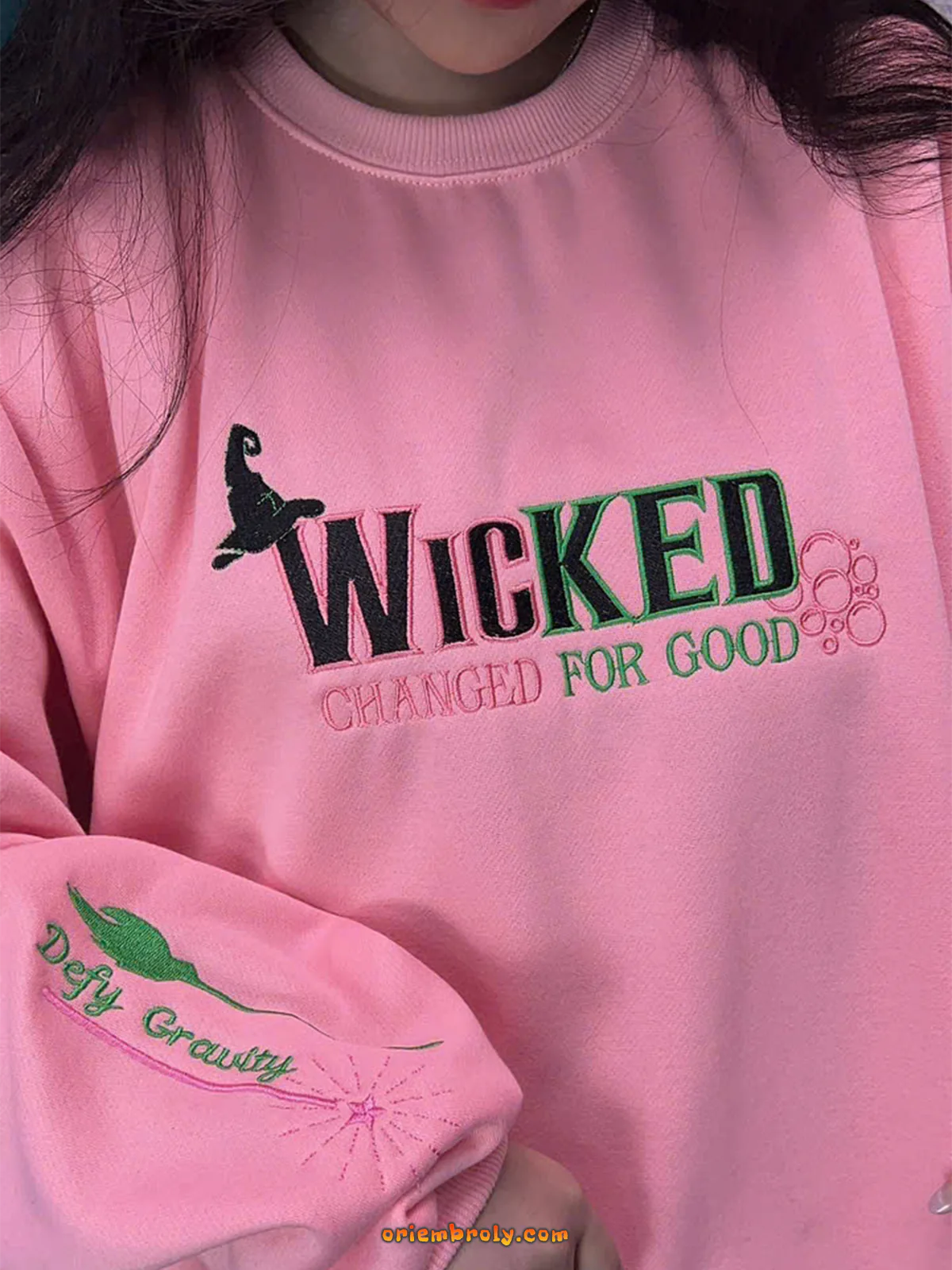 Wicked Duo Embroidered Sweatshirt – Elphaba or Glinda Design, Initial Sleeve Embroidery, Broadway Fan Gift