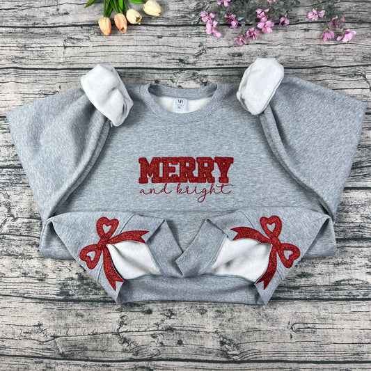 Merry and Bright Glitter Embroidered Bow Sweatshirt – Festive Holiday Sparkle Edition