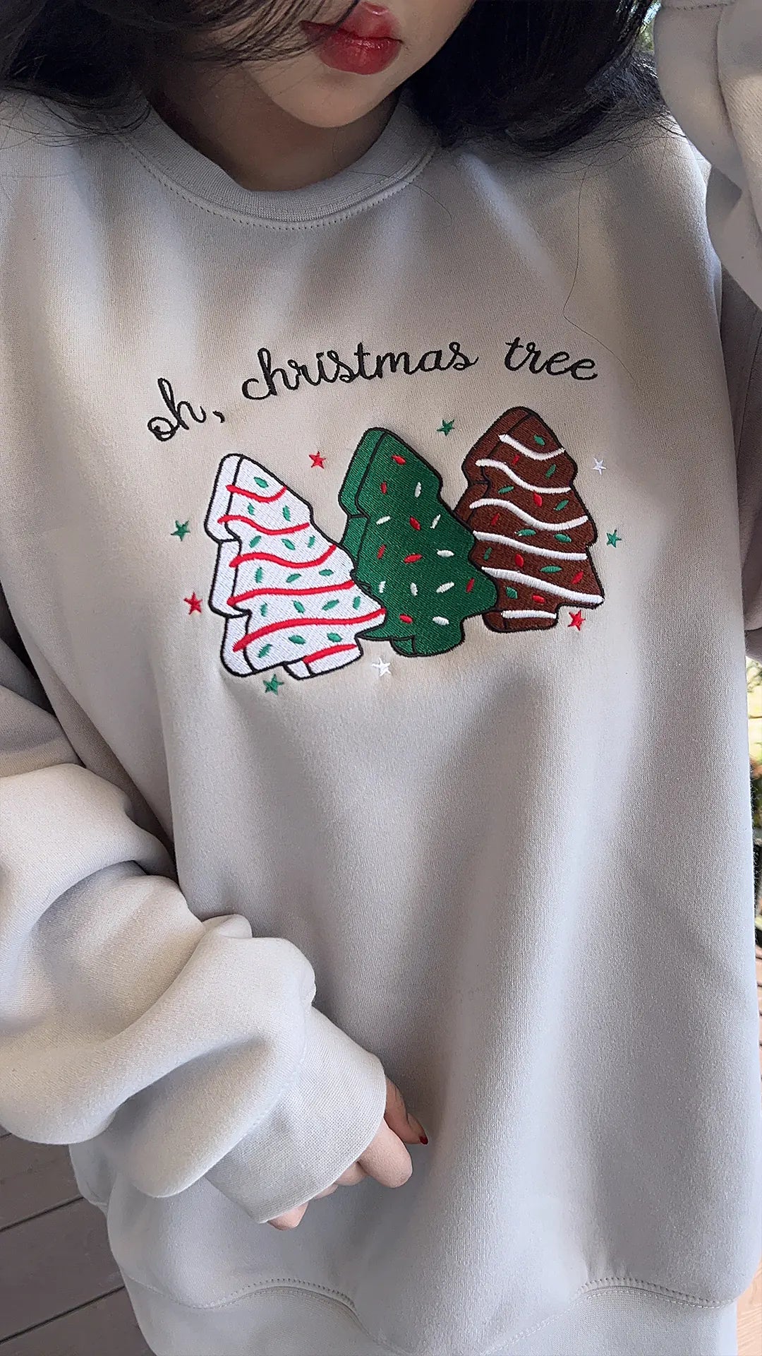 Embroidered Christmas Tree Crewneck Sweatshirt - Cozy Holiday Shirt
