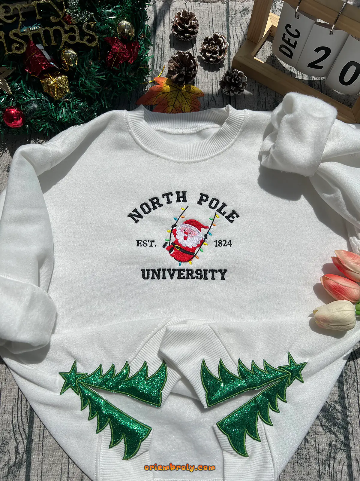 North Pole Side Bow Embroidered Sweatshirt, Santa Xmas Hoodie, Merry Christmas Embroidery, Winter Holiday Sweatshirt