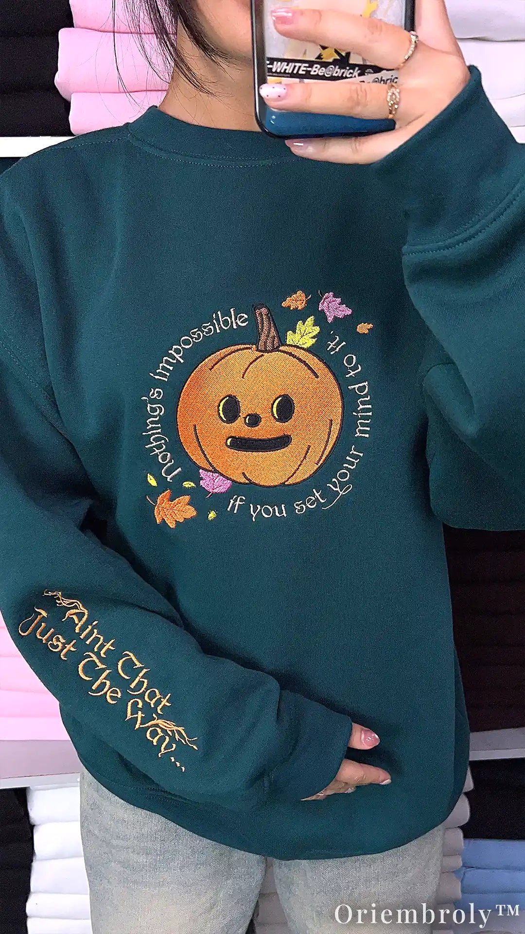 Embroidered Autumn Pumpkin Crewneck Sweatshirt – Cozy Woodland Fall Aesthetic Unisex Fleece Pullover