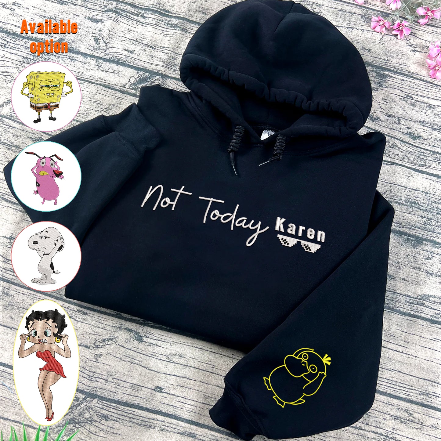 Not Today Karen Embroidered Hoodie – Funny Meme Sweatshirt with Psyduck Embroidery, Trendy Black Hoodie Gift for Gamers & Anime Fans