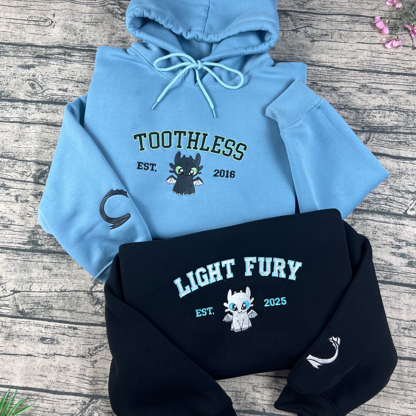 Toothless and Light Fury Couple Embroidered Sweatshirt, Cute Dragon Shirt Hoodie, HTTYD Gift for Friends or Family, Fantasy Movie Shirt