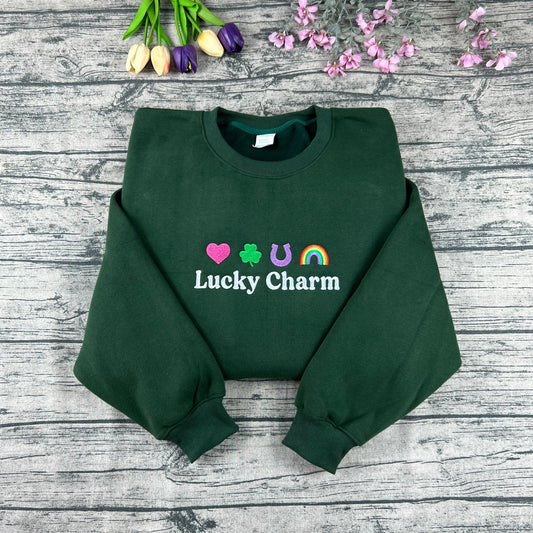 Lucky Charm Embroidered Sweatshirt – St. Patrick’s Day Shamrock Crewneck