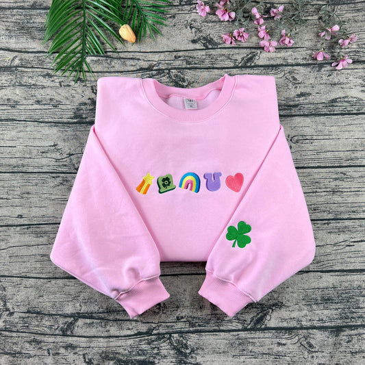 St. Patrick’s Lucky Marshmallow Embroidered Pink Crewneck Sweatshirt – Retro Charm Pullover