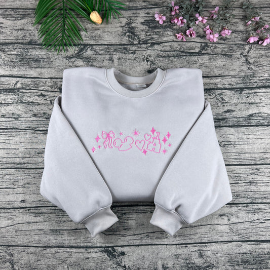 Y2K Pink Hearts & Bows Embroidered Sweatshirt – Coquette Aesthetic Crewneck