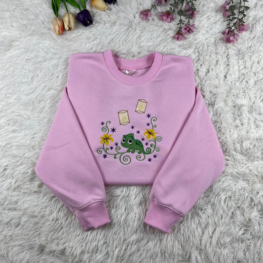 Pascal Chameleon Lantern Embroidered Sweatshirt – Fairytale Inspired Pink Crewneck