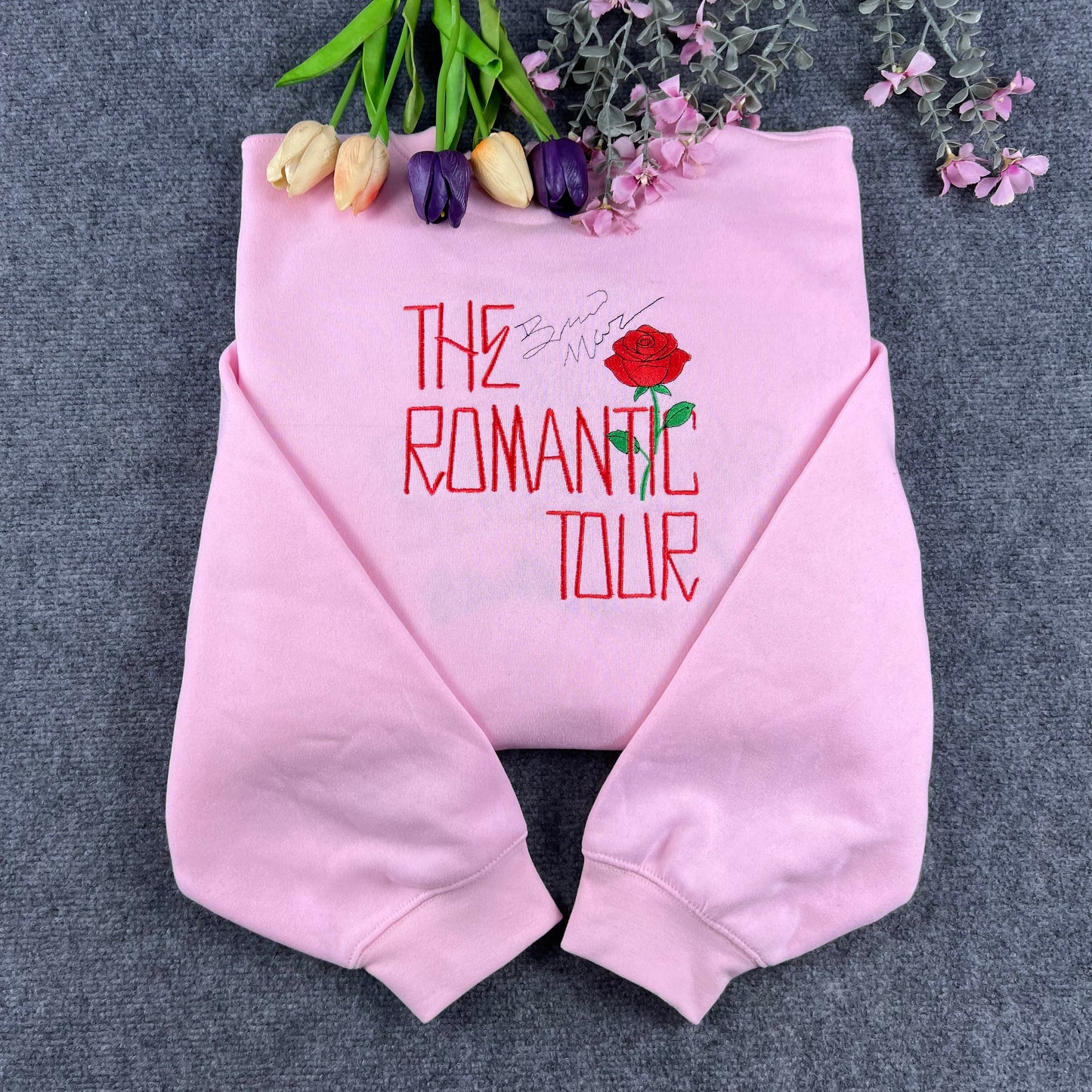 Romantic Tour Rose Embroidered Pink Crewneck Sweatshirt – Retro Pop Fan Gift