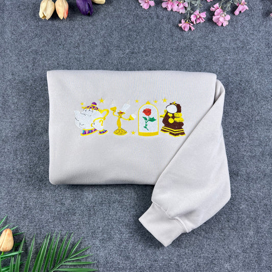 Enchanted Rose & Magical Objects Embroidered Crewneck – Fairytale Inspired Sweatshirt