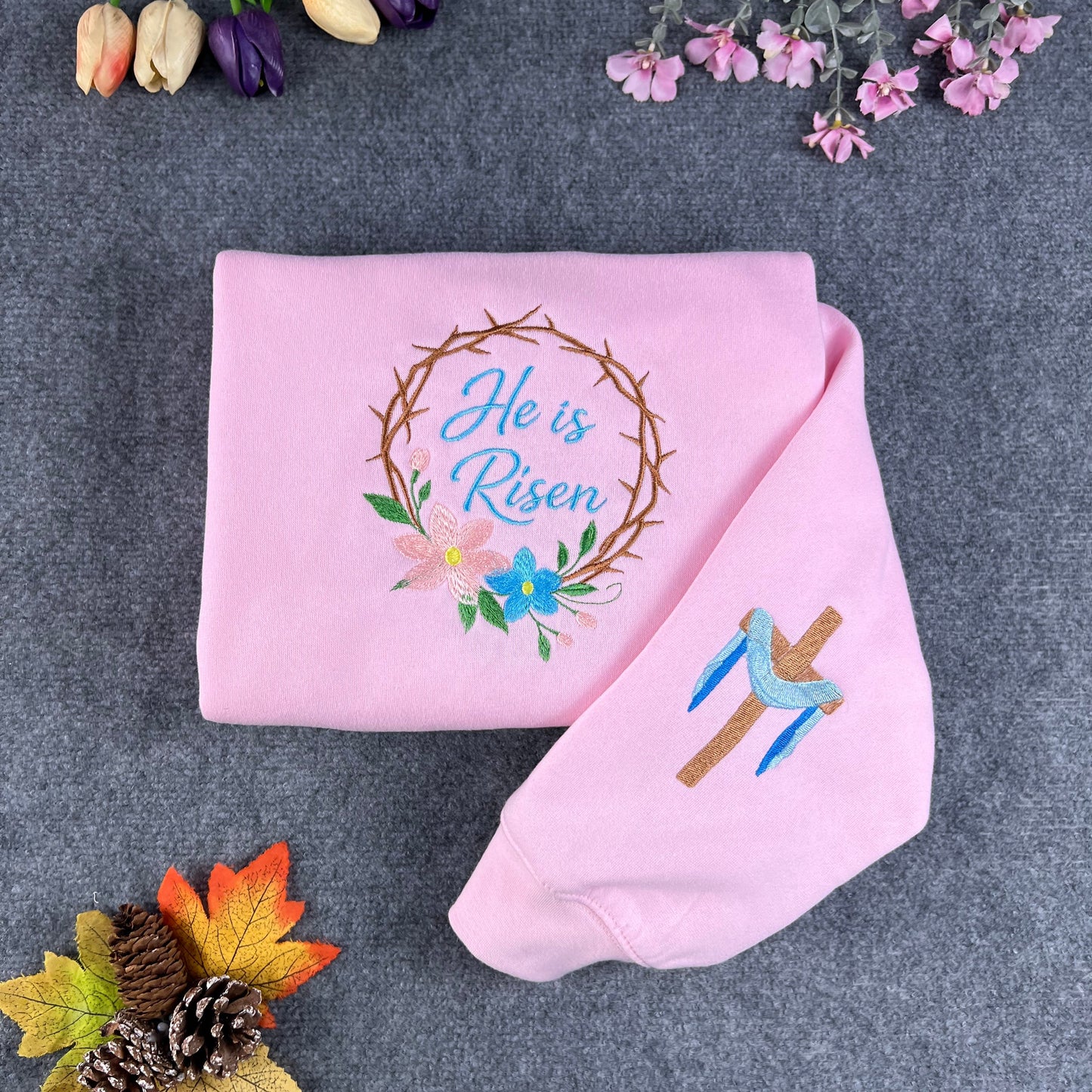 He Is Risen Embroidered Crewneck Sweatshirt – Easter Crown of Thorns Christian Sweatshirt