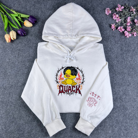 Emo Duck “Quack Metal” Embroidered Hoodie – Alt Music Meme White Hoodie