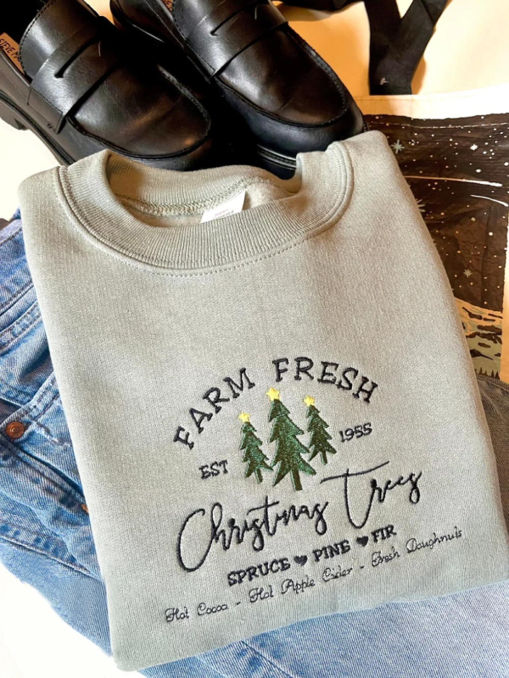 Vintage Christmas Tree Farm, Green Embroidered Crewneck Sweatshirt, Christmas Tree Gift Sweatshirt - Oriembroly LLC