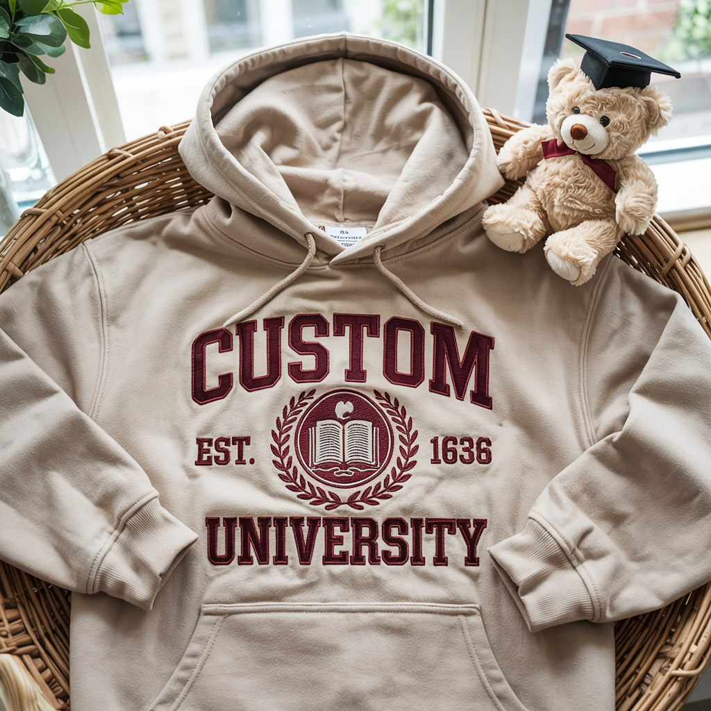 A beige embroidered sweatshirt with 'CUSTOM UNIVERSITY EST. 1966' text, placed on a wicker table next to a teddy bear with a graduation cap.