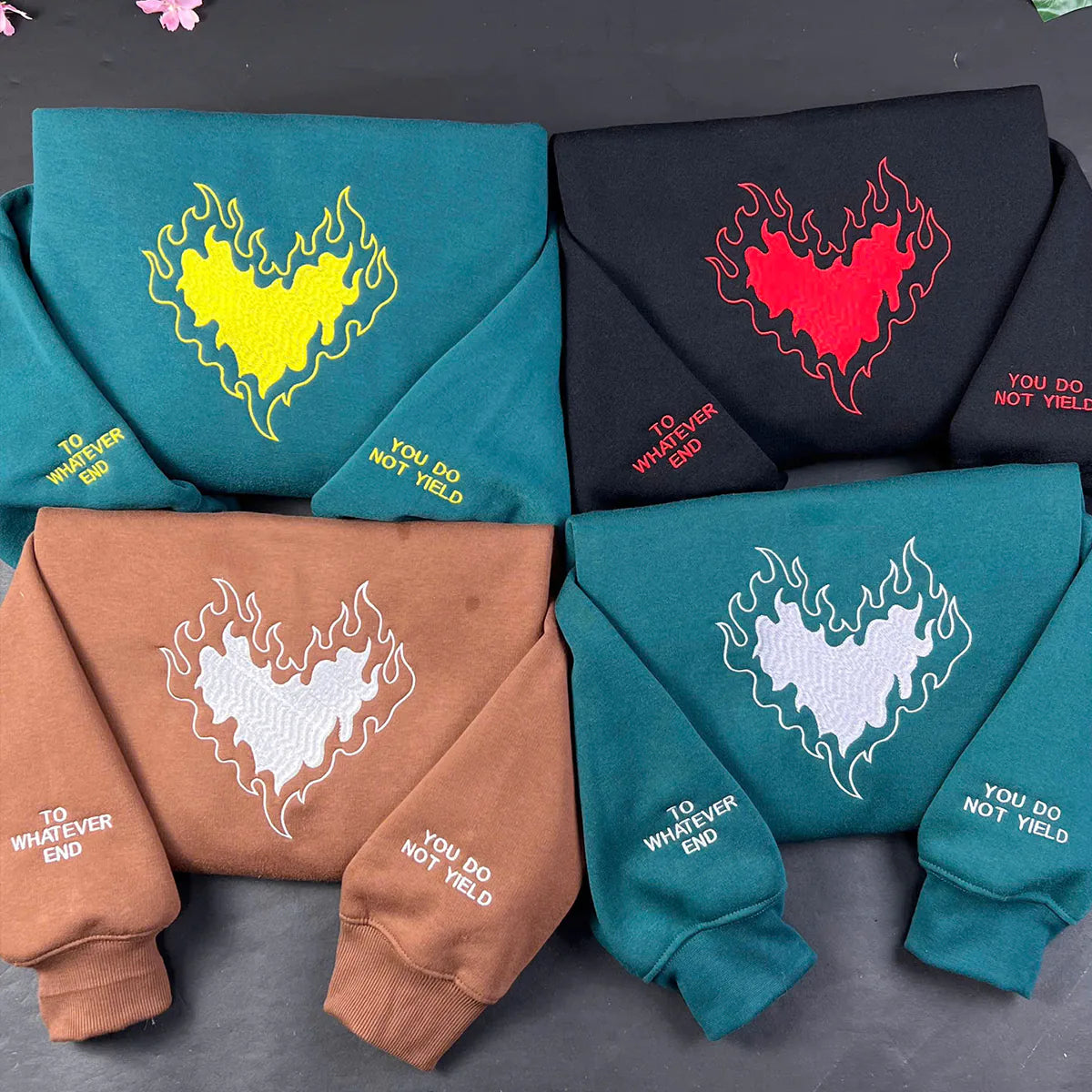 Fireheart Lemon embroidered sweatshirt inspired by Throne of Glass, featuring To Whatever End quote, bookish sweater for fans of Aelin.