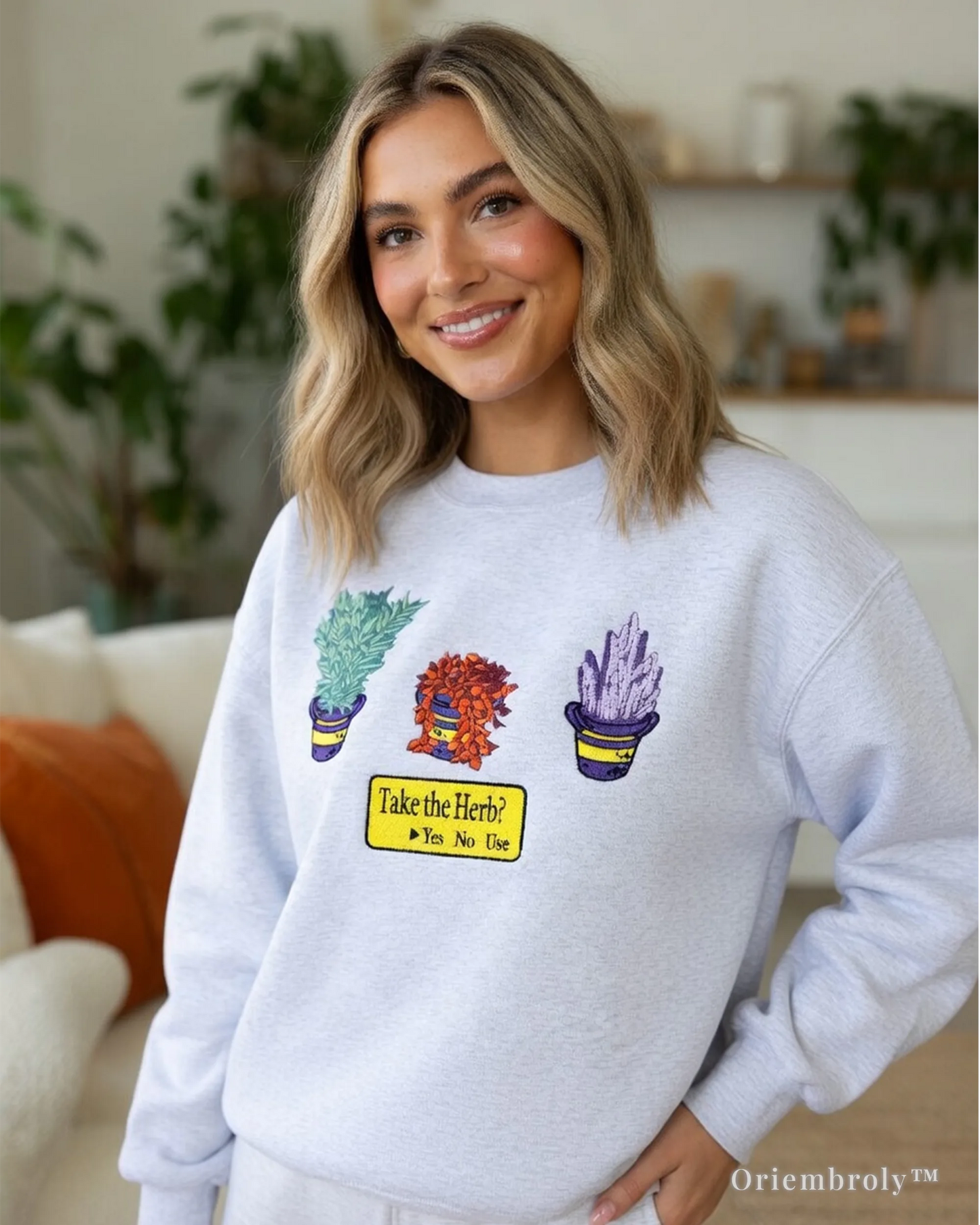 Aesthetic gamer clothing: Grey embroidered sweatshirt with Resident Evil herb icons and dialogue