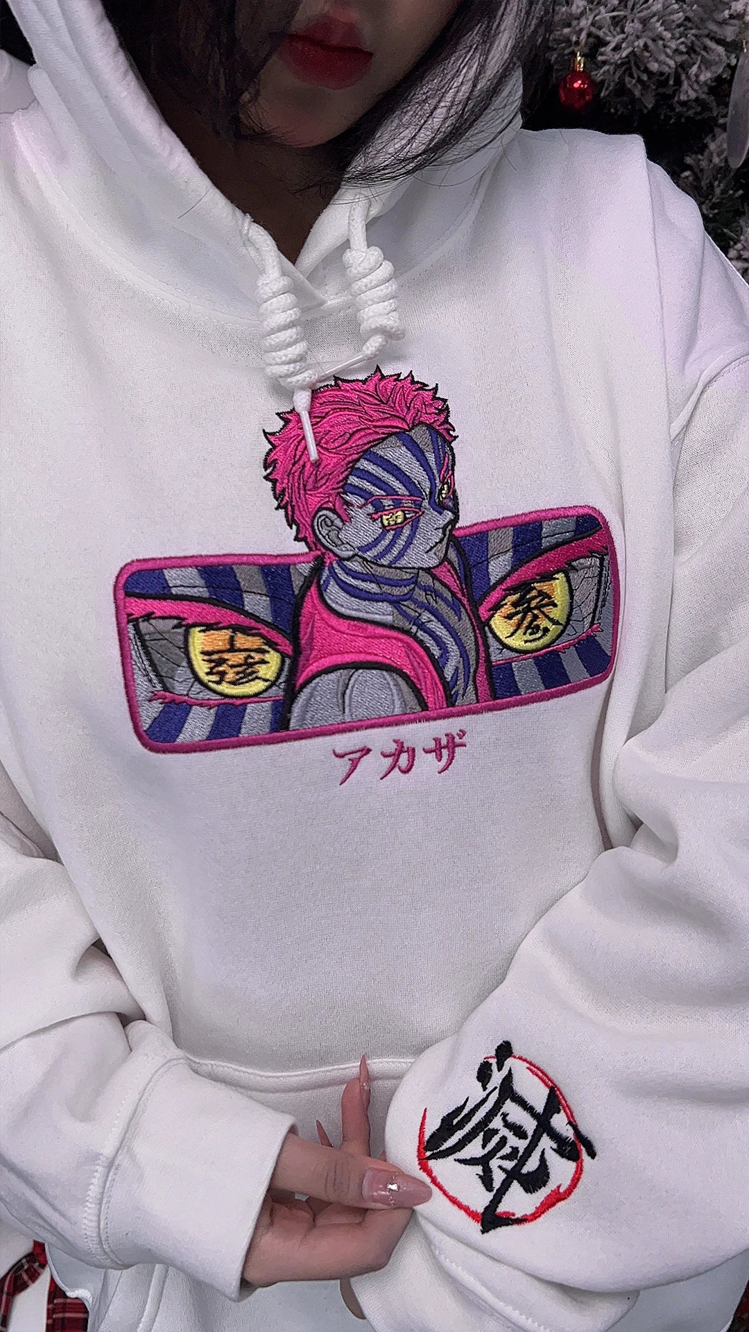 Anime inspired Akaza hoodie with Japanese kanji stitching