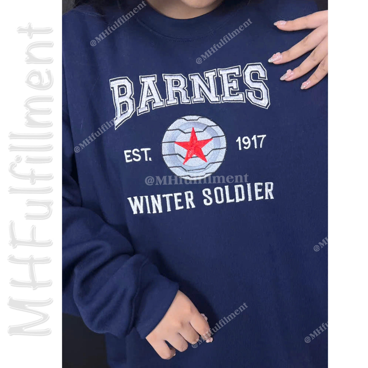 Close-up of Barnes 1917 embroidery on sweatshirt