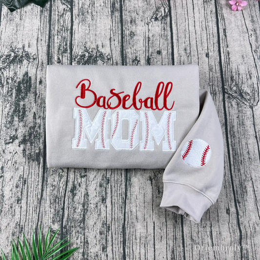 Baseball Mom embroidered applique tan crewneck sweatshirt