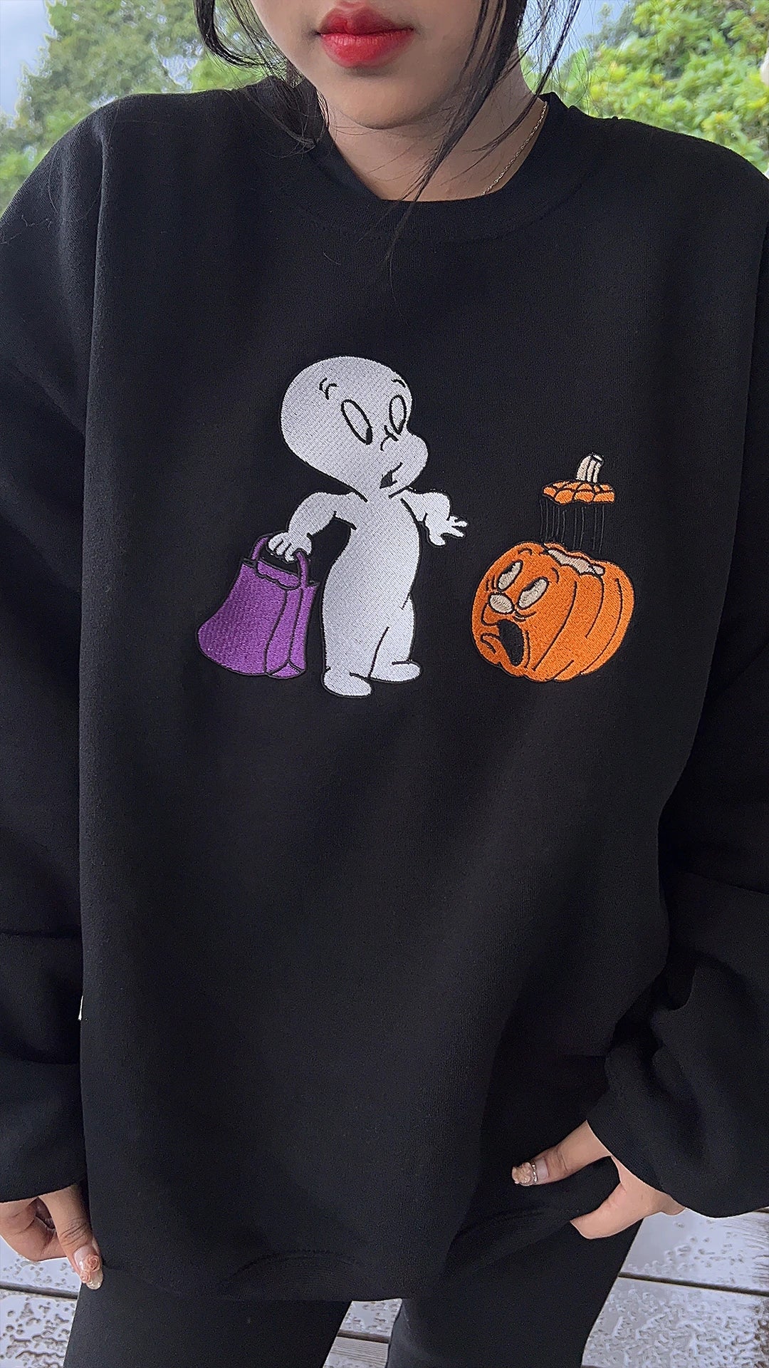 Casper Halloween Embroidered Sweatshirt – Cute Ghost Fall Pumpkin Sweater