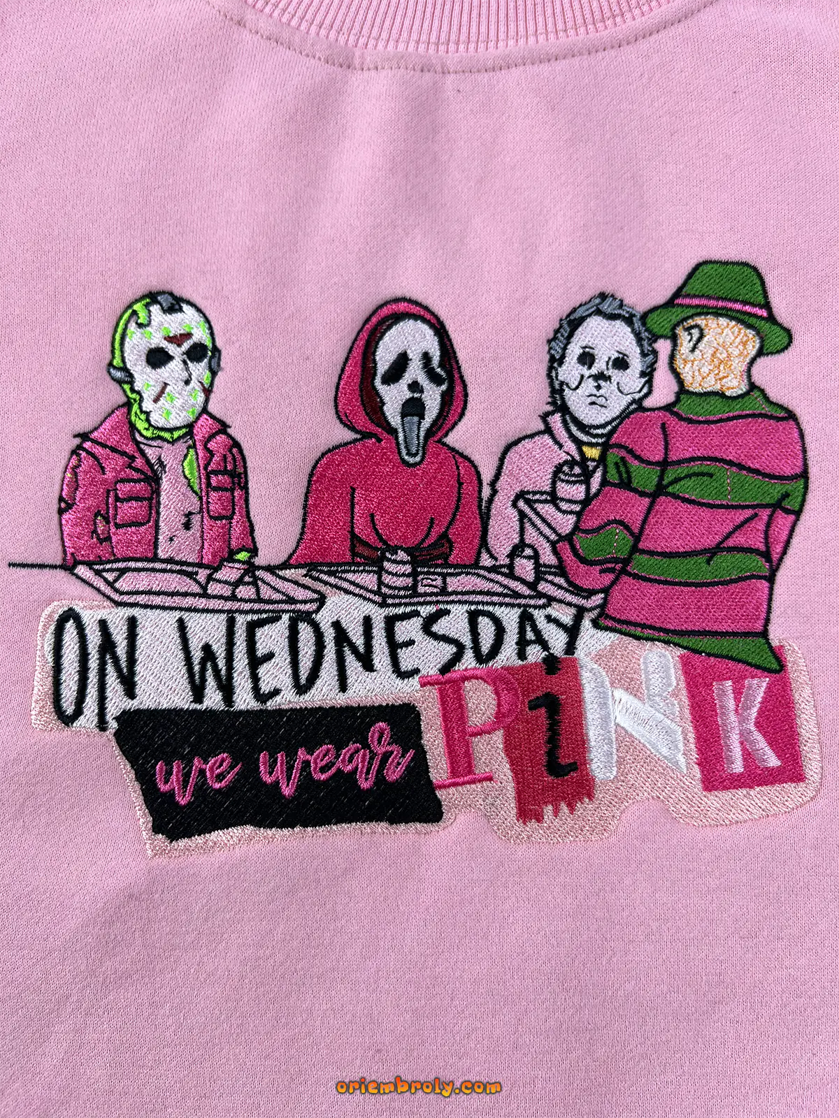 Classic film inspired embroidered crewneck pink design