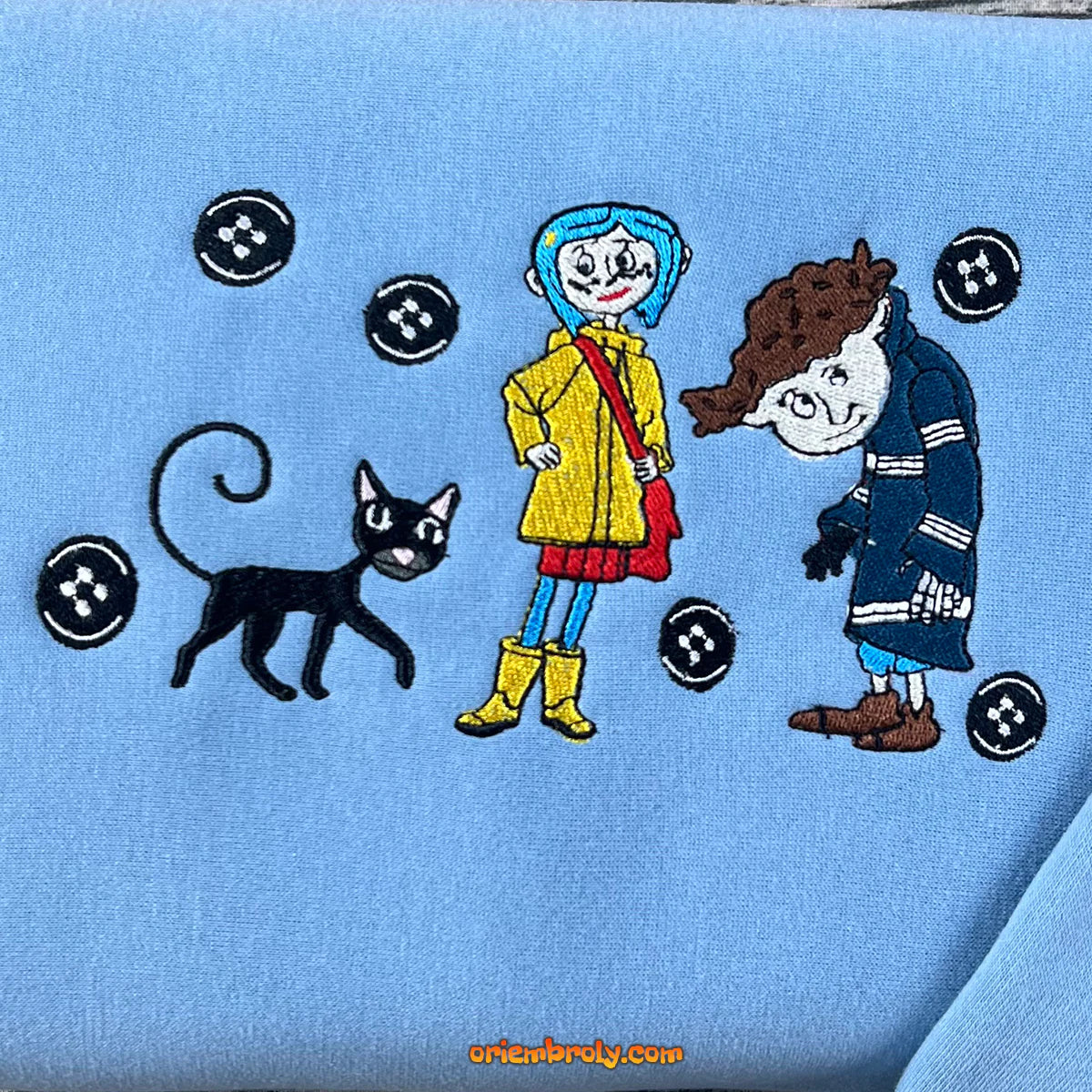 Coraline Embroidered Sweatshirt, Button Eye Hoodie, Spooky Halloween Gift, Aesthetic Coraline Movie Crewneck